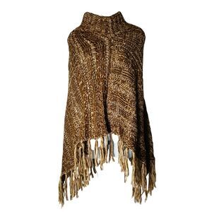 Time & Tru Heavy Fringe Shawl Poncho Turtleneck Knit Pullover Bohemian One Size